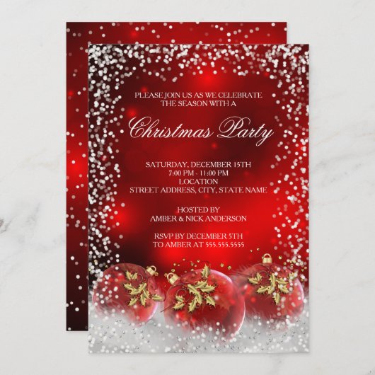 Red Gold Snow Bauble Weihnachtsfeier Einladung (Vorne/Hinten)