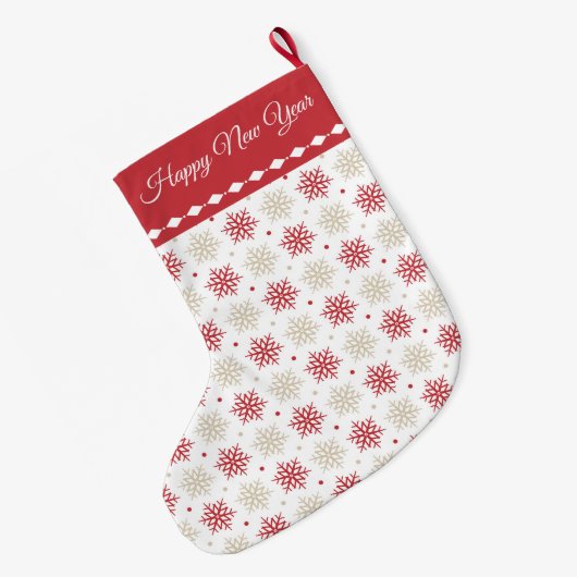 Red Gold Snowflake Muster Großer Weihnachtsstrumpf (Rückseite (Hängend))