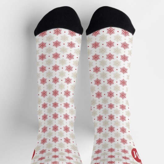 Red Gold Snowflake Muster Monogram Socken (Oben)