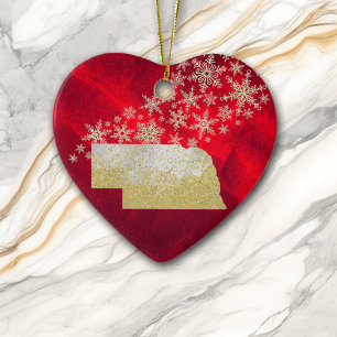Red Gold Snowflake Nebraska Herz Keramik Ornament