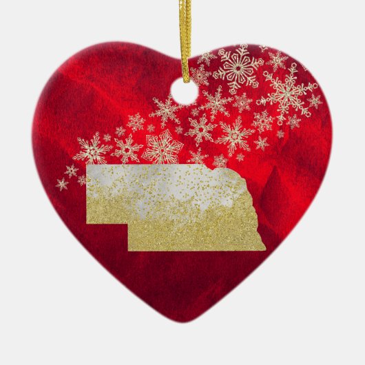 Red Gold Snowflake Nebraska Herz Keramik Ornament (Vorne)