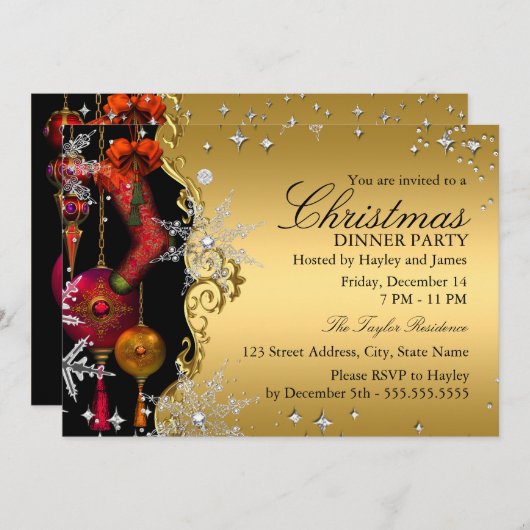 Red Gold Snowflake Weihnachts-Dinner Party 4a Einladung (Vorne/Hinten)