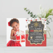 Red Gold Snowflake Winterurlaub 1. Geburtstag Einladung (Stehend Vorderseite)