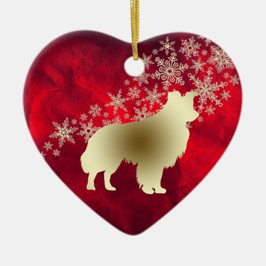Red Gold Snowflakes Border Collie Keramik Ornament (Vorne)