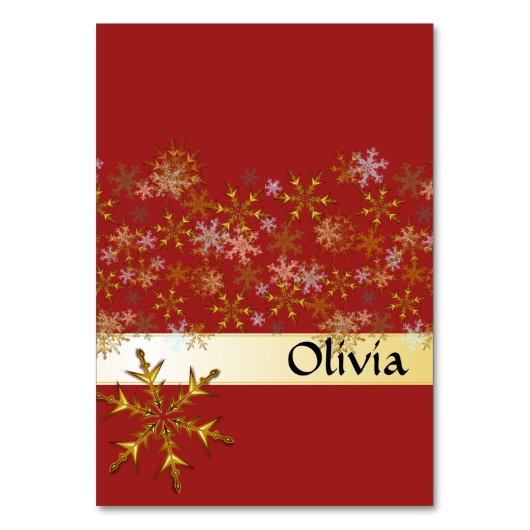 Red Gold Snowflakes Tented Holiday Platzkarten Tischnummer (Vorderseite)