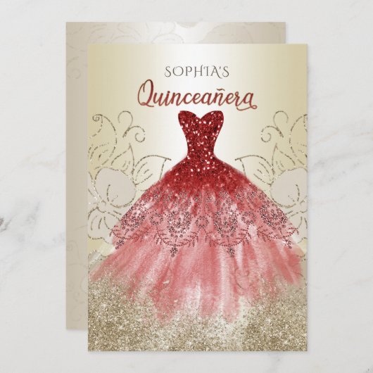Red Gold Sparkkleid Quinceañera Quince Einladung (Vorne/Hinten)