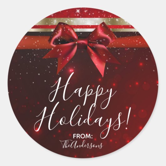 Red & Gold Sparkle Chic Bow Elegantes Holiday Gefa Runder Aufkleber (Vorderseite)