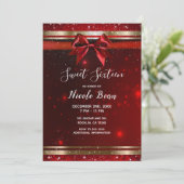 Red & Gold Sparkle Chic Bow Holiday Sweet 16 Einladung (Stehend Vorderseite)