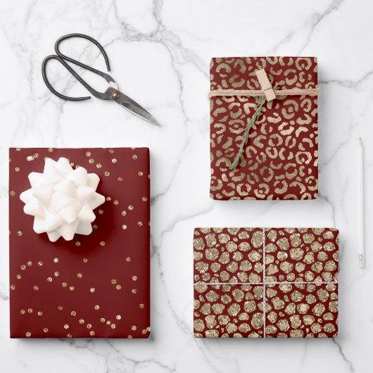 Red Gold Sparkle Dots Leopard Print Geschenkpapier Set (Vorderseite)