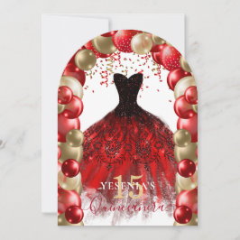 Red Gold Sparkle Dress Quinceañera Balloon Arch Einladung