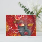 Red & Gold Sparkle Masquerade Party UAWG RSVP Karte (Stehend Vorderseite)