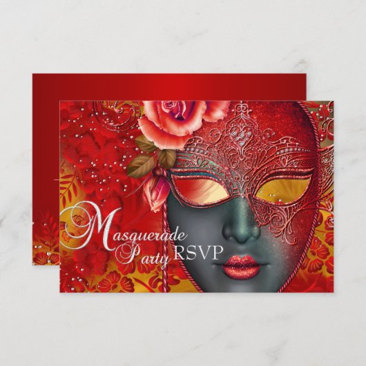 Red & Gold Sparkle Masquerade Party UAWG RSVP Karte (Vorne/Hinten)