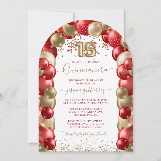 Red Gold Sparkle Quinceañera Ballon Einladung (Vorderseite)