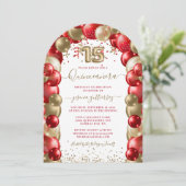 Red Gold Sparkle Quinceañera Ballon Einladung (Stehend Vorderseite)