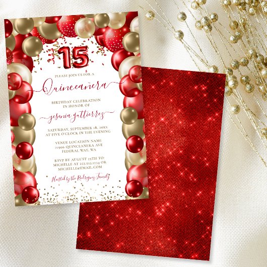 Red Gold Sparkle Quinceañera Balloon Einladung