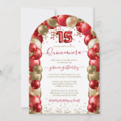 Red Gold Sparkle Quinceañera Balloon Einladung (Vorderseite)