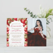 Red Gold Sparkle Quinceañera Balloon Foto Einladung (Stehend Vorderseite)
