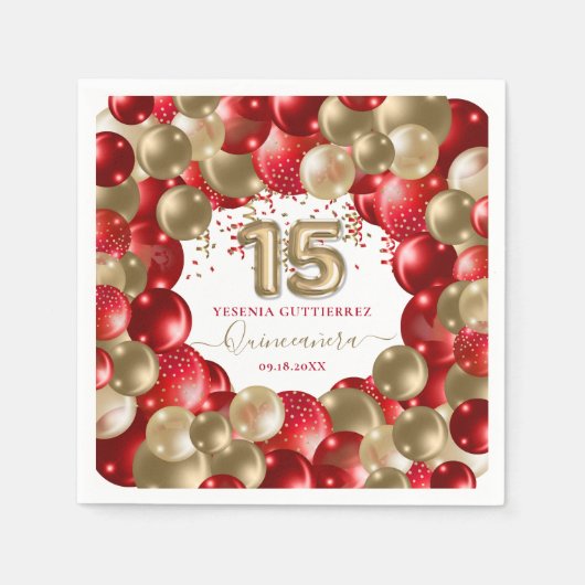 Red Gold Sparkle Quinceañera Balloon Serviette (Vorderseite)