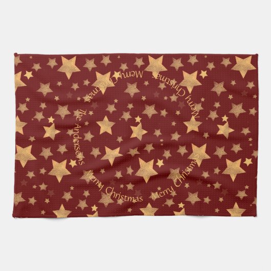 Red Gold Stars Muster Elegant Frohe Weihnachten Geschirrtuch (Horizontal)