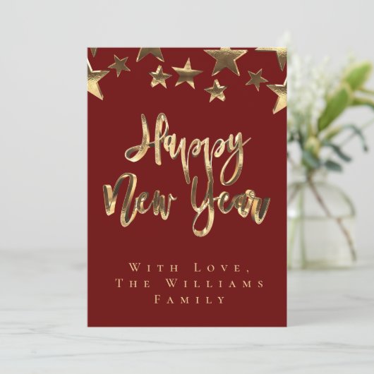 Red Gold Stars Musterskript glücklich Neues Jahr C Einladung (Stehend Vorderseite)
