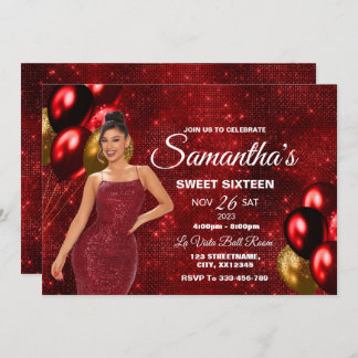 Red & Gold Sweet 16 Girl Birthday Einladung