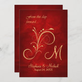 Red Gold Swirl Monogram Wedding Einladung (Vorne/Hinten)