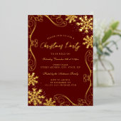 Red Gold Swirl Snowflake Weihnachtsfest Party Folieneinladung (Stehend vorne)