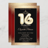 Red, Gold Tiara Confetti, Sweet 16 Party Einladung (Vorne/Hinten)