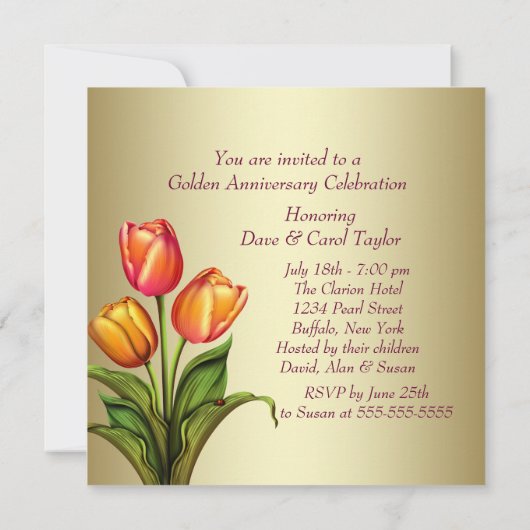 Red Gold Tulip 50. Hochzeitstag Einladung (Rückseite)