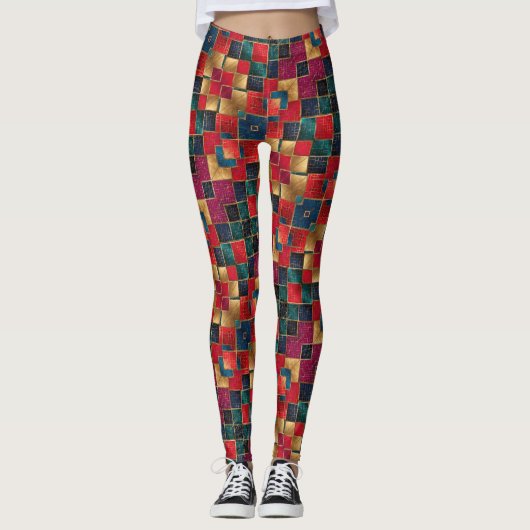 Red Gold und Blue Squares Leggings (Vorderseite)