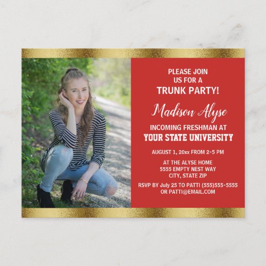 Red Gold Uni Trunk Graduation Party Foto Postkarte (Vorderseite)