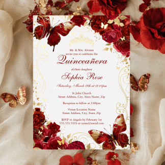 Red Gold Vintag Butterfly Floral Quinceanera Folieneinladung