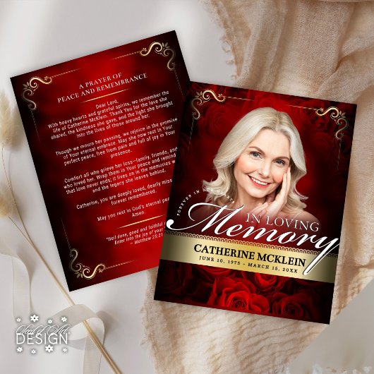 Red & Gold Vintage Roses Obituary Prayer Card Einladung