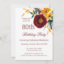 Red + Gold Watercolor Floral 80th Birthday Party  Einladung