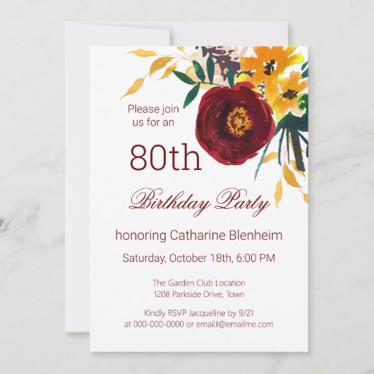 Red + Gold Watercolor Floral 80th Birthday Party  Einladung (Vorderseite)