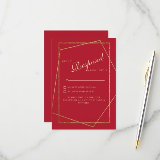 Red & Gold Wedding RSVP Karte (Vorderseite/Rückseite Beispiel)