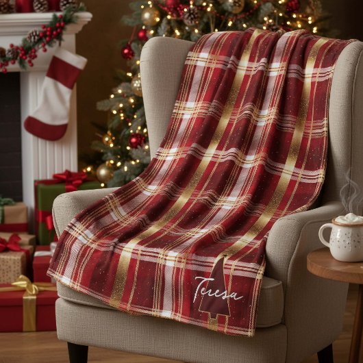 Red Gold Weihnachtsbaum Tartan Muster#7 ID1009 Fleecedecke