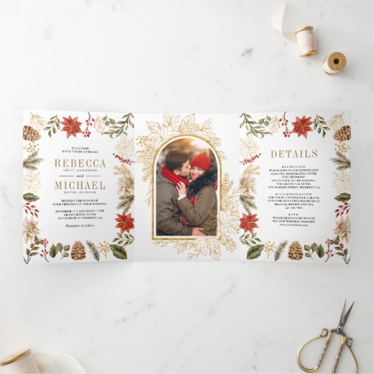 Red Gold Weihnachtsblumen Foto Alles in einer Hoch Dreifach Gefaltete Einladung (Innenseite)