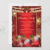 Red Gold Weihnachtsfeier Baubles Holly Einladung (Vorderseite)