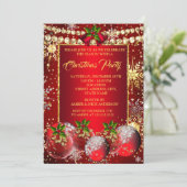 Red Gold Weihnachtsfeier Baubles Holly Einladung (Stehend Vorderseite)