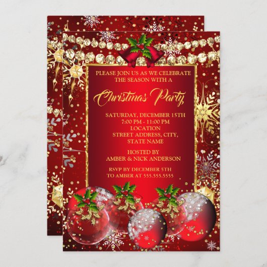 Red Gold Weihnachtsfeier Baubles Holly Einladung (Vorne/Hinten)