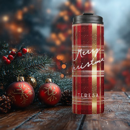Red Gold Weihnachtsmuster Tartan Muster#7 ID1009 Thermosbecher