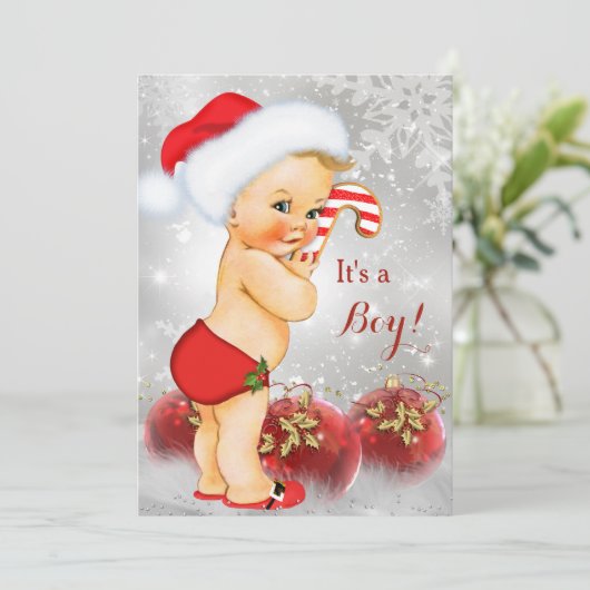 Red Gold White Christmas Baby Dusche Boy Blonde Einladung (Stehend Vorderseite)