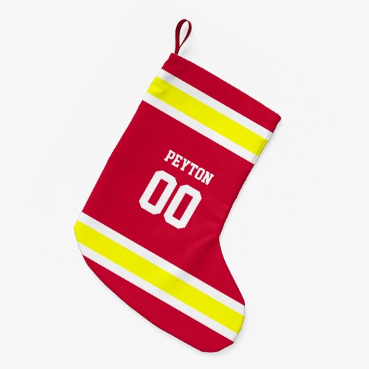 Red, Gold & White Football Team Personalisiert Kleiner Weihnachtsstrumpf (Vorderansicht (hängend))