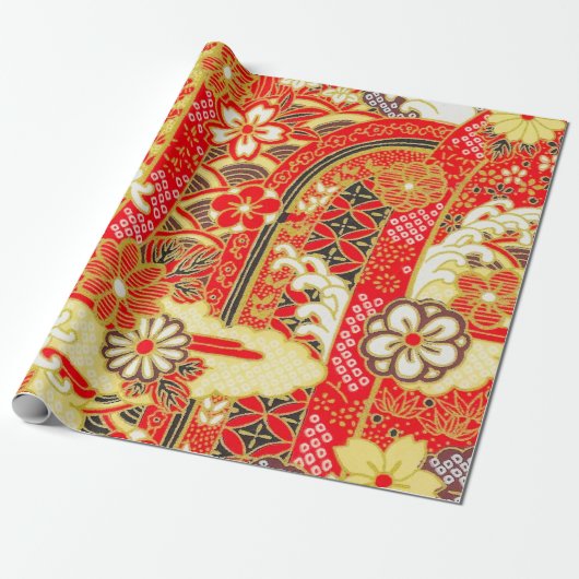 Red Gold White Japanisch Kimono Floral Decoupage Geschenkpapier (Ungerollt)