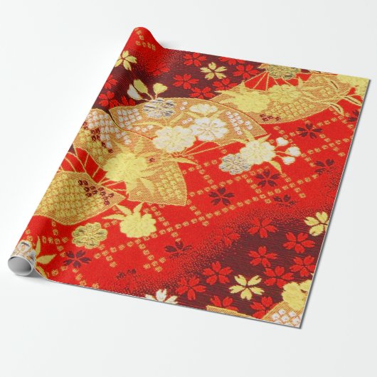 Red Gold White Japanisch Kimono Floral Decoupage Geschenkpapier (Ungerollt)