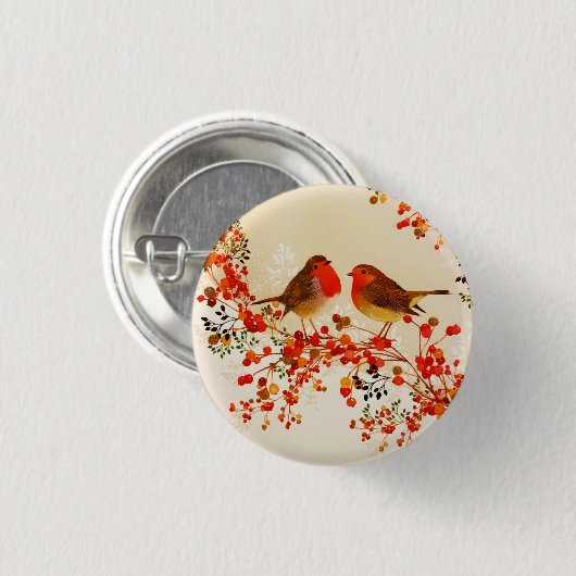 Red Gold Winter Birds Holly Berry Branches Button (Vorne & Hinten)