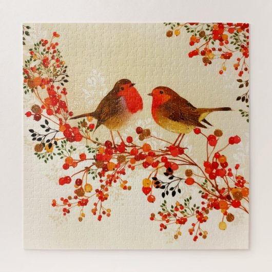 Red Gold Winter Birds Holly Berry Branches Puzzle (Vertikal)
