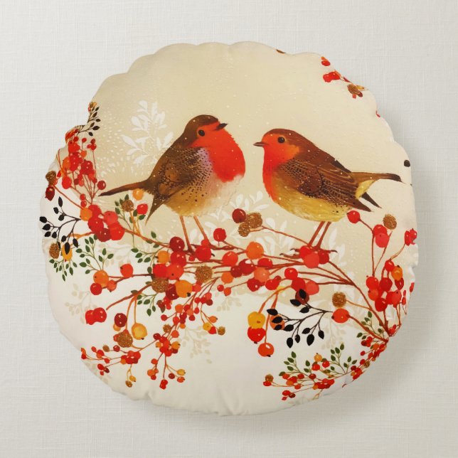 Red Gold Winter Birds Holly Berry Branches Rundes Kissen (Vorderseite)