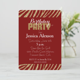 Red Gold Zebra Print Imitats Glitzer Geburtstag Einladung